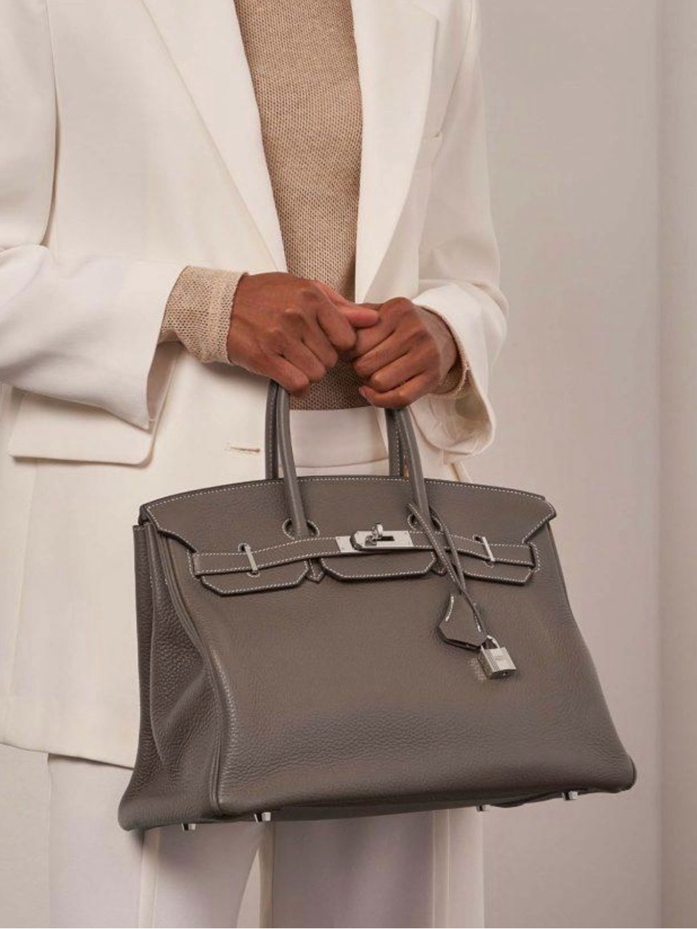 Hermes Gray Leather Top-Handle Tote with Silver Hardware